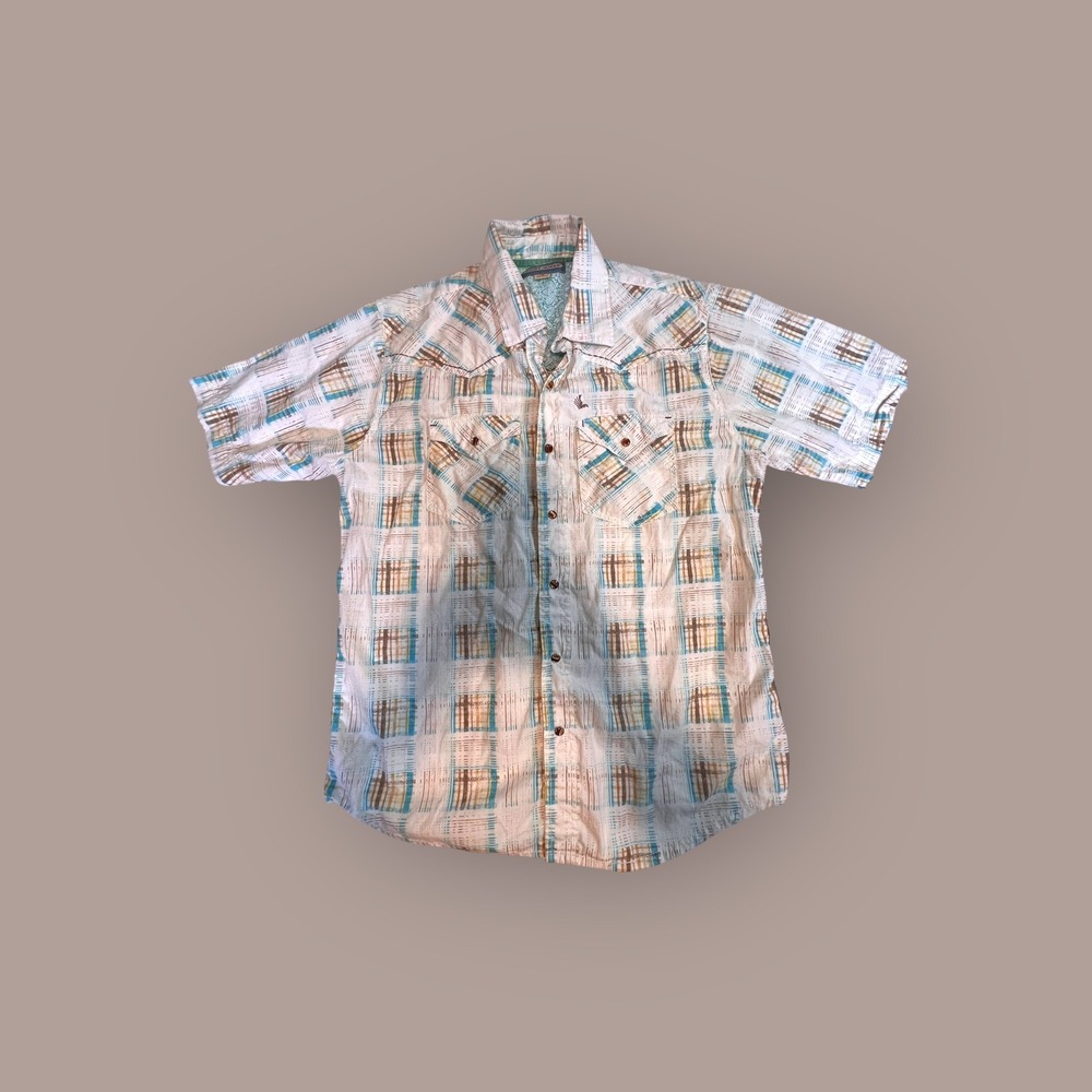 Cody James Medium Western Shirt Mens White Multicolor Plaid Pearl Snap Textured